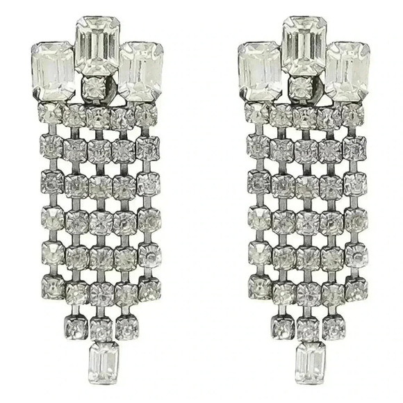 Vintage Art Deco Crystal Dangling Clip On Earrings Wedding Bridal Earrings